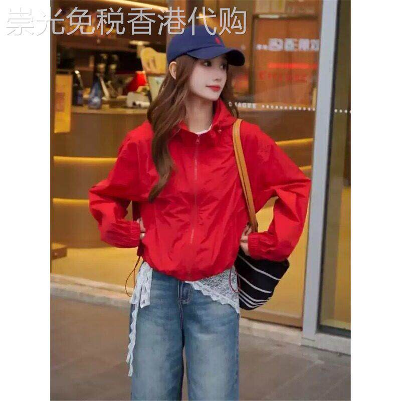 红色连帽薄款防晒衣外套女2026夏季新款韩系时尚百搭户外旅游穿搭