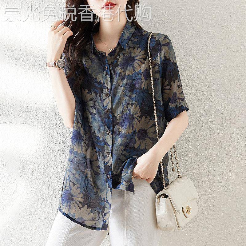雪纺衬衫女夏季薄款2025新款气质宽松高端显瘦大尺码时尚短袖上衣