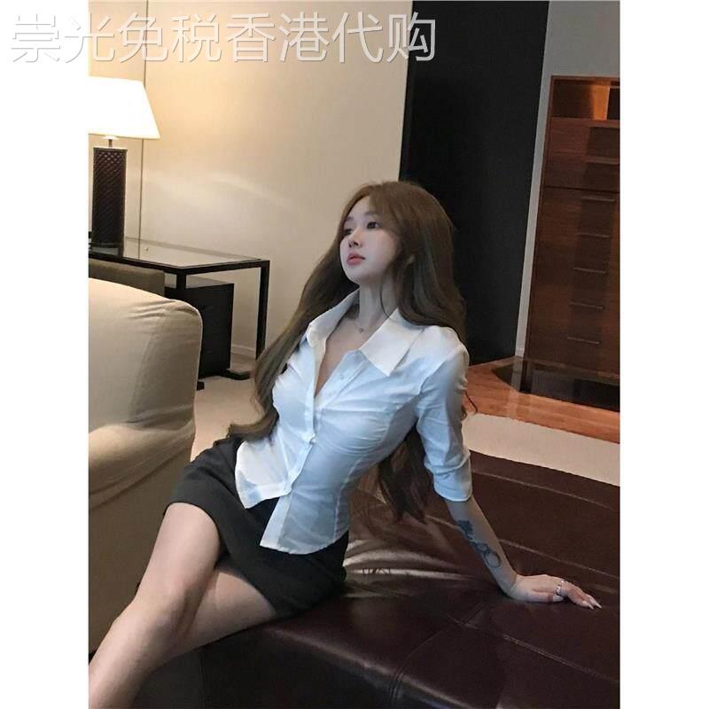 白色中袖衬衫女春季御姐紧身通勤衬衣收腰修身七分袖气质绝美上衣