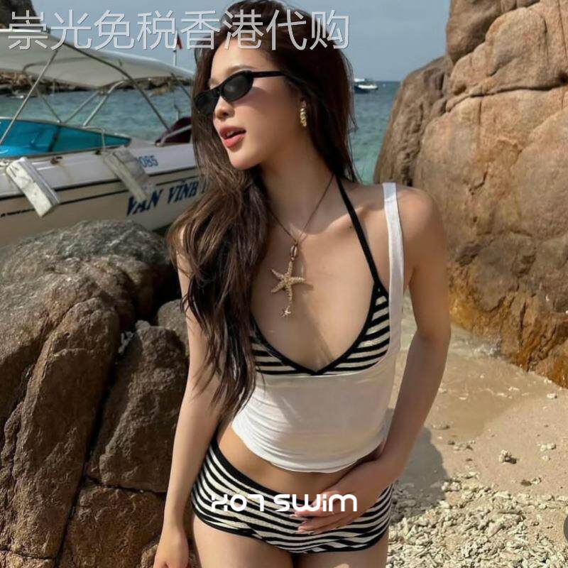 欧美风挂颈两件式条纹比基尼保守背心三件套泳衣女士度假装2026新