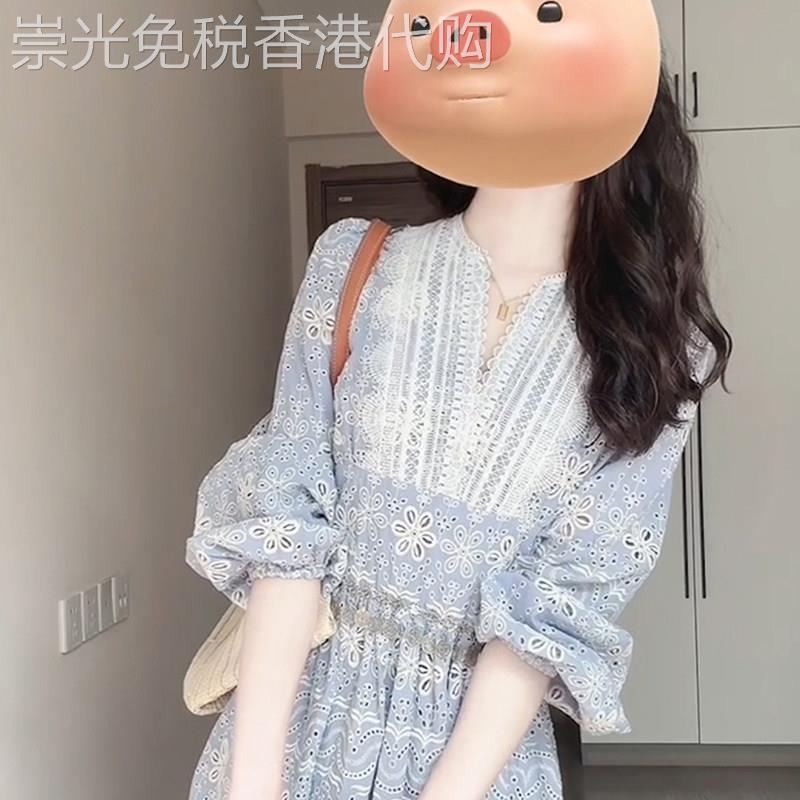 法式蓝色高腰A字刺绣长袖连衣裙 女士V领镂空设计感夏季小众连身