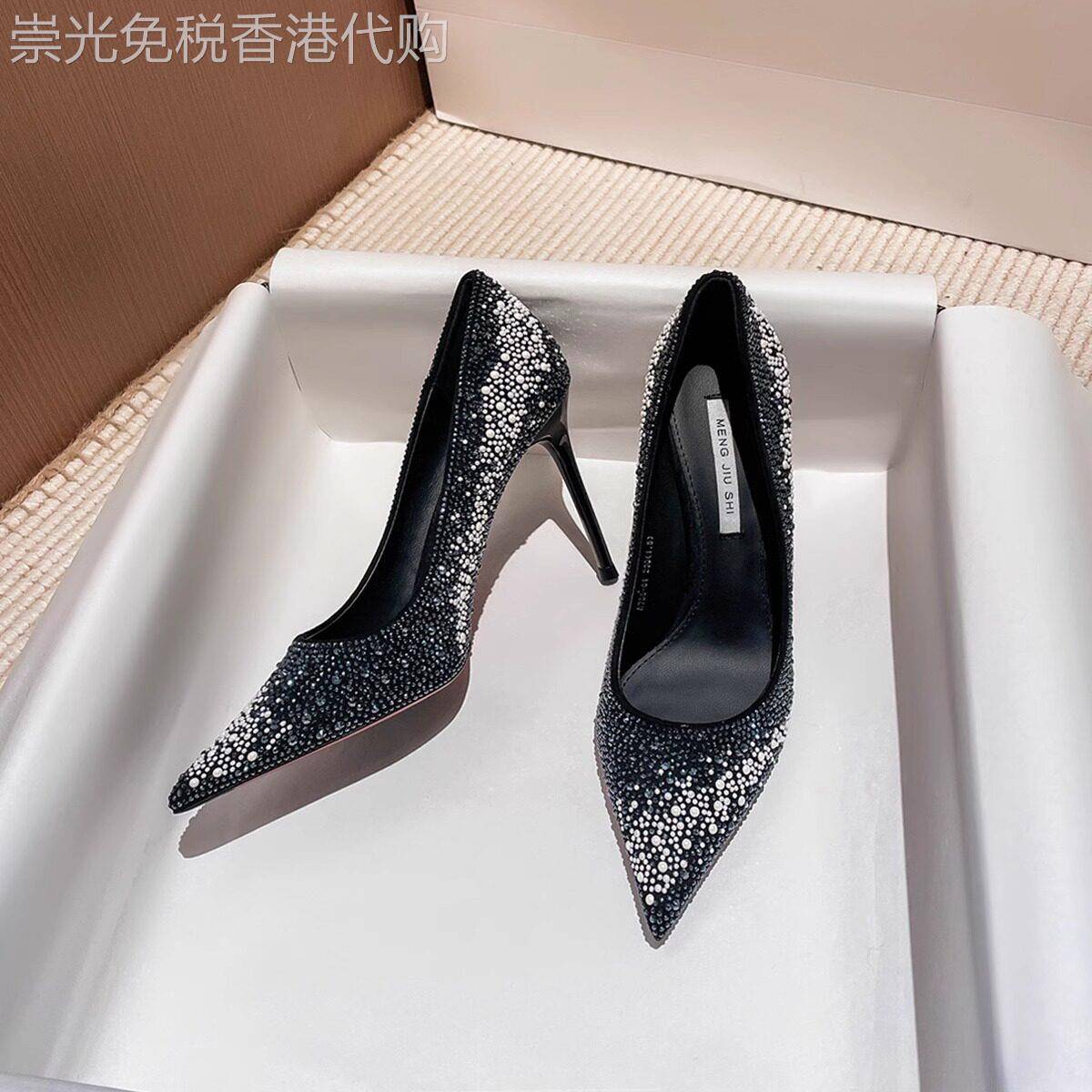法式渐变高跟鞋女2025春秋新款细跟水钻黑色婚鞋尖头浅口宴会单鞋