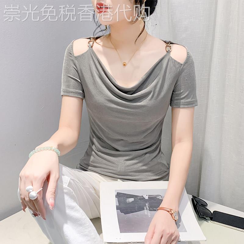 egmg设计感垂折领短袖T恤女夏装2026新款性感镂空露肩修身上衣T恤