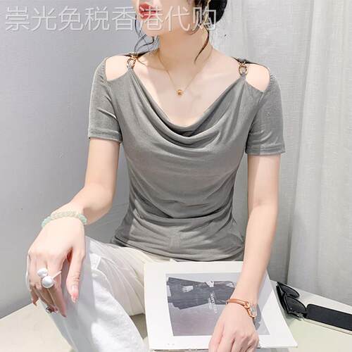 egmg设计感垂折领短袖T恤女夏装2026新款性感镂空露肩修身上衣T恤
