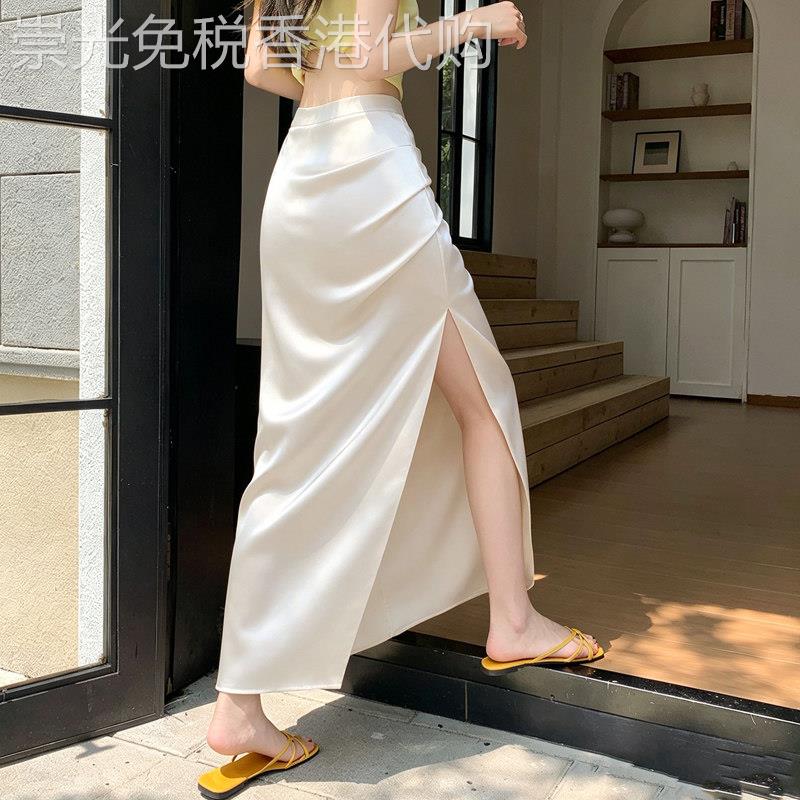 白色缎面半身裙女2026夏季新款高腰气质优雅风开叉时尚褶皱直筒裙