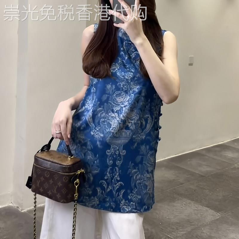 新中式小众醋酸蓝色短袖女2026年夏季新款印花设计别致复古上衣