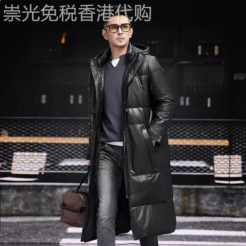 海宁真皮皮衣男小牛皮羽绒服加厚加长款过膝连帽皮草冬季大衣外套