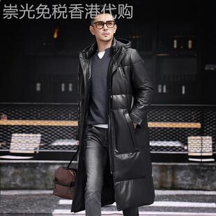 海宁真皮皮衣男小牛皮羽绒服加厚加长款过膝连帽皮草冬季大衣外套