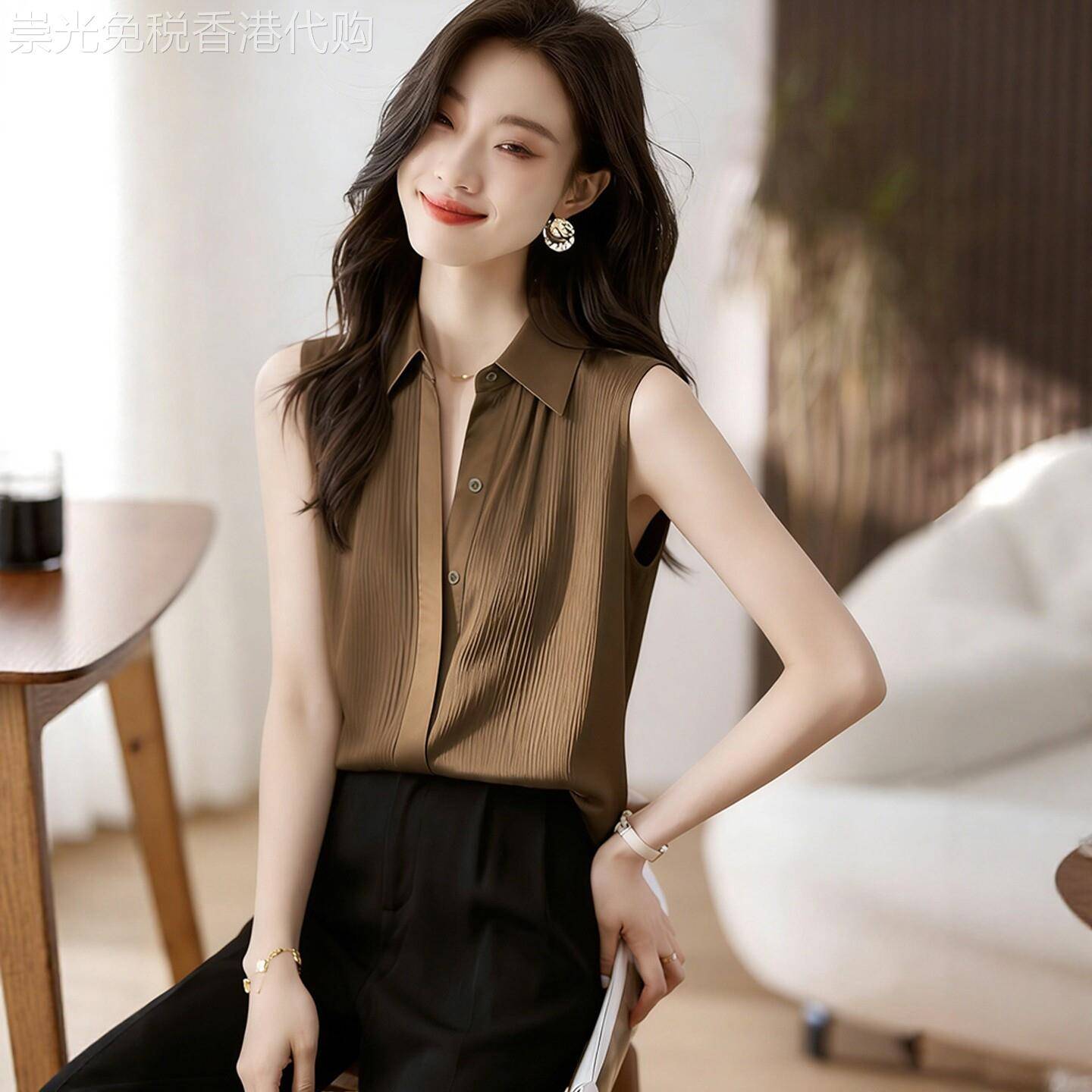 通勤风桑蚕丝薄款无袖纯色百搭衬衫女新款潮流高级感翻领修身上衣