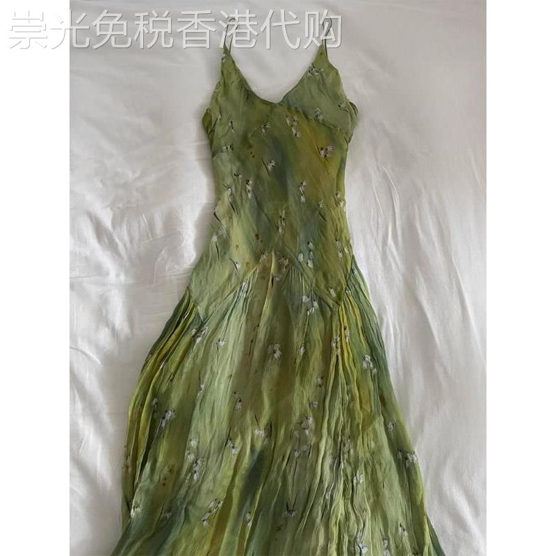 漂亮独特海边度假绿色印花吊带洋装子夏季女2026超火帝政风法式