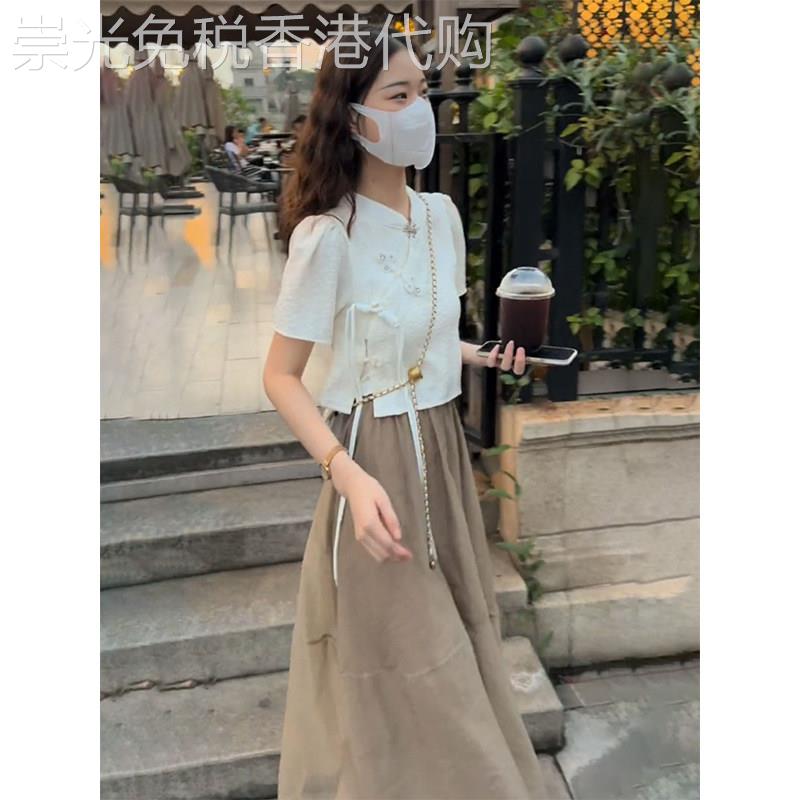 夏季套装女2025新款休闲时尚洋气减龄改良式旗袍上衣半身裙两件套