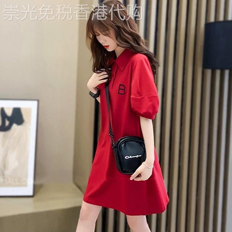 红色polo洋装女夏欧货休闲运动泡泡袖套装裙胖mm遮肚显瘦T恤裙
