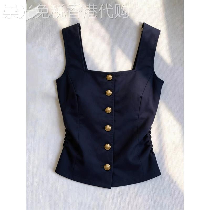 藏青色方领排扣背心女夏季欧货美式辣妹修身收腰气质无袖外搭背心