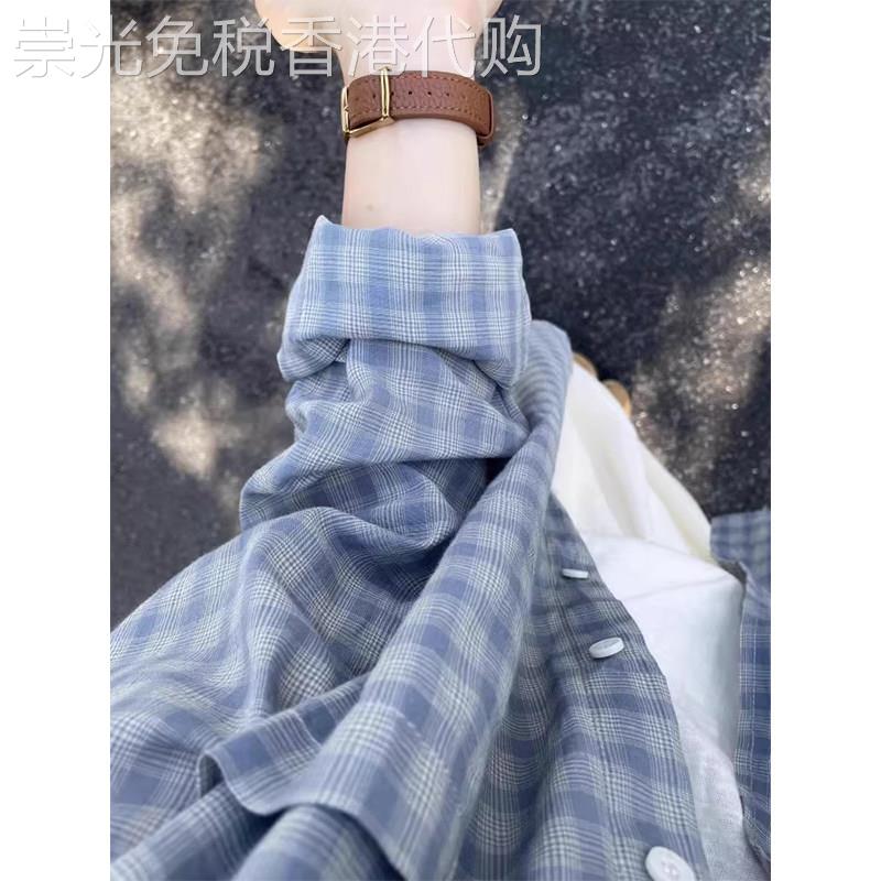 蓝色格子休闲衬衫女夏季欧货简约风显瘦宽松长袖开衫防晒百搭上衣