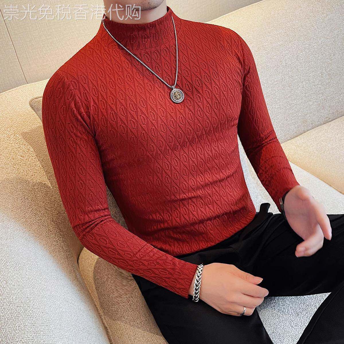 欧洲站高级感半高领长袖t恤男春秋时尚修身帅气百搭打底衫体恤潮