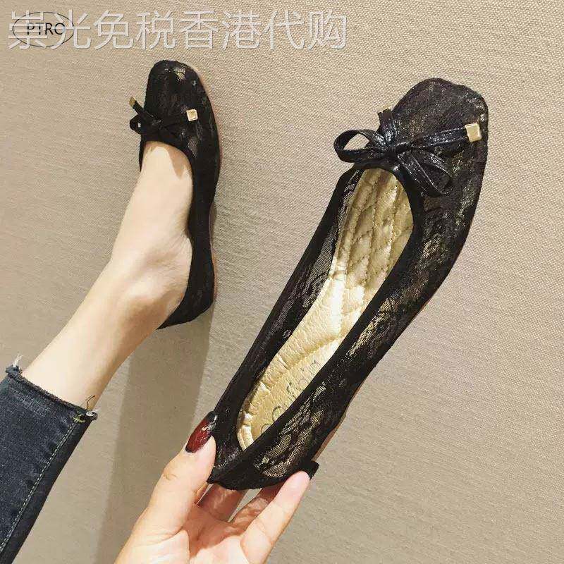 蕾丝网面透气方头单鞋女夏季2026新款一脚蹬轻便薄款平底鞋豆豆鞋