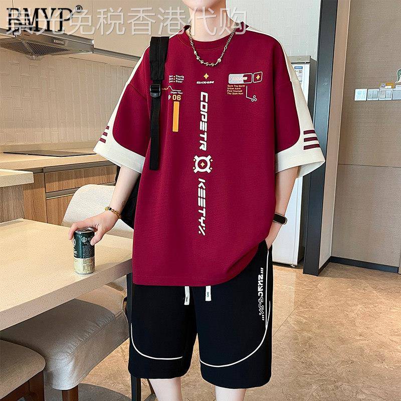 冰丝短裤短袖套装男生夏季帅气拼色酒红色青少年休闲运动一套搭配