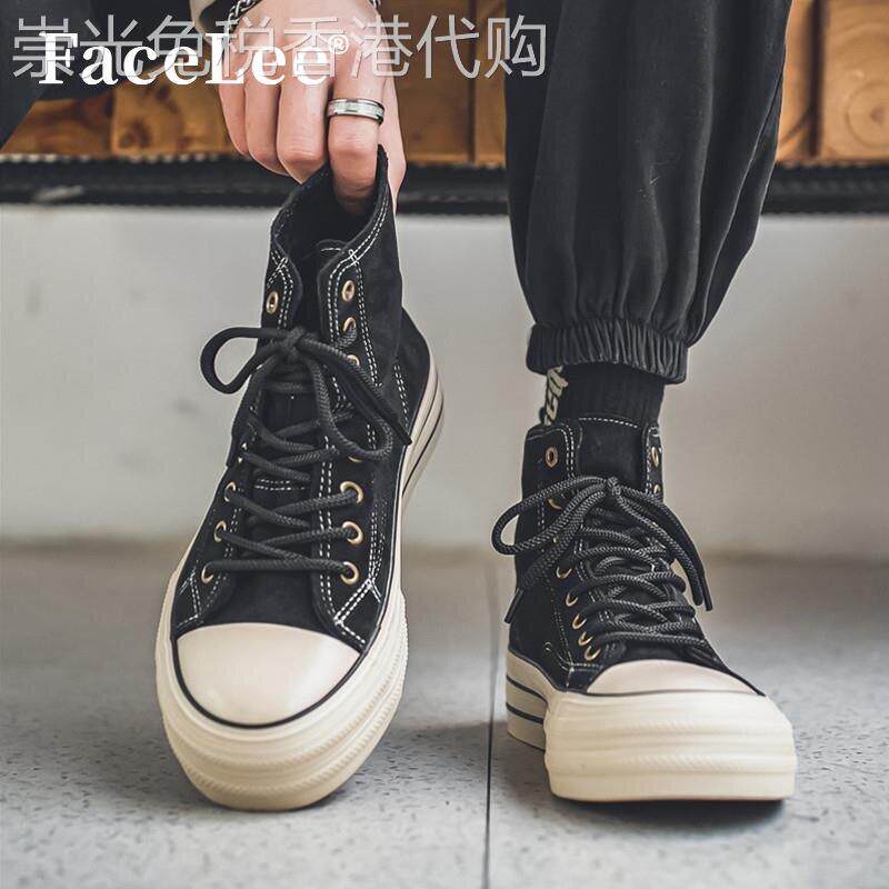 FaceLee日本设计师联名帆布男鞋春季新款黑色高筒休闲板鞋系带鞋