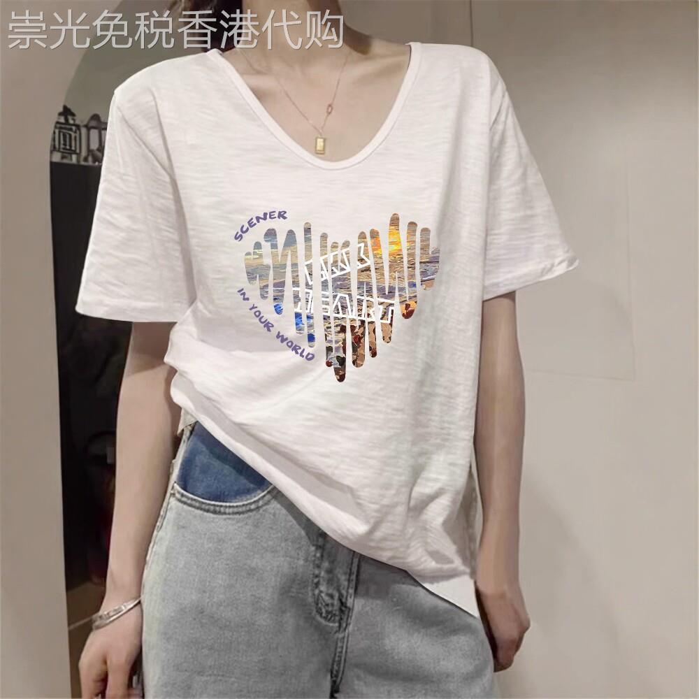 专柜白色竹节棉爱心短袖t恤女夏季款韩版宽松百搭V领半袖T恤上衣