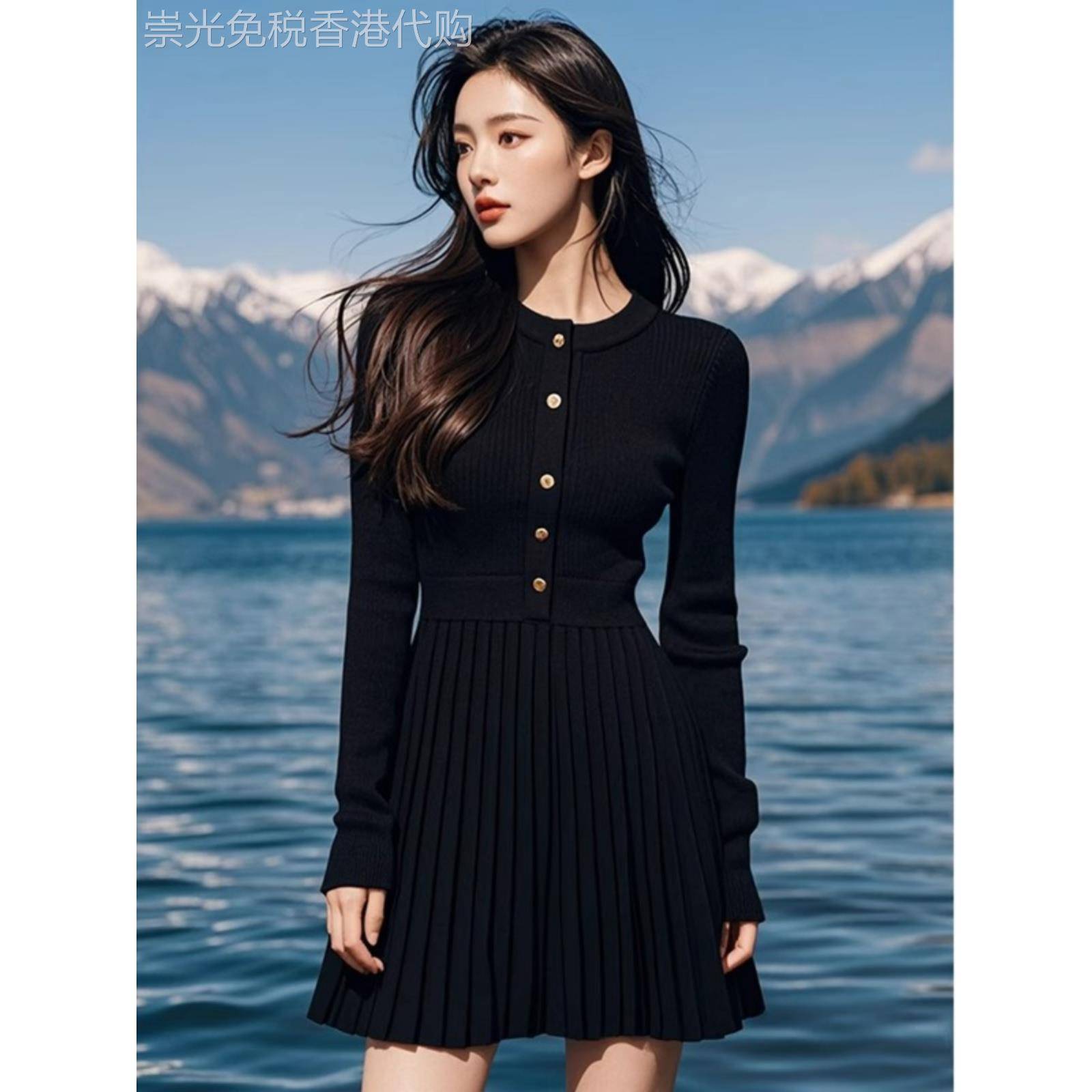 欧洲站2025秋冬新款黑色赫本风小黑裙气质减龄显瘦百褶针织连衣裙