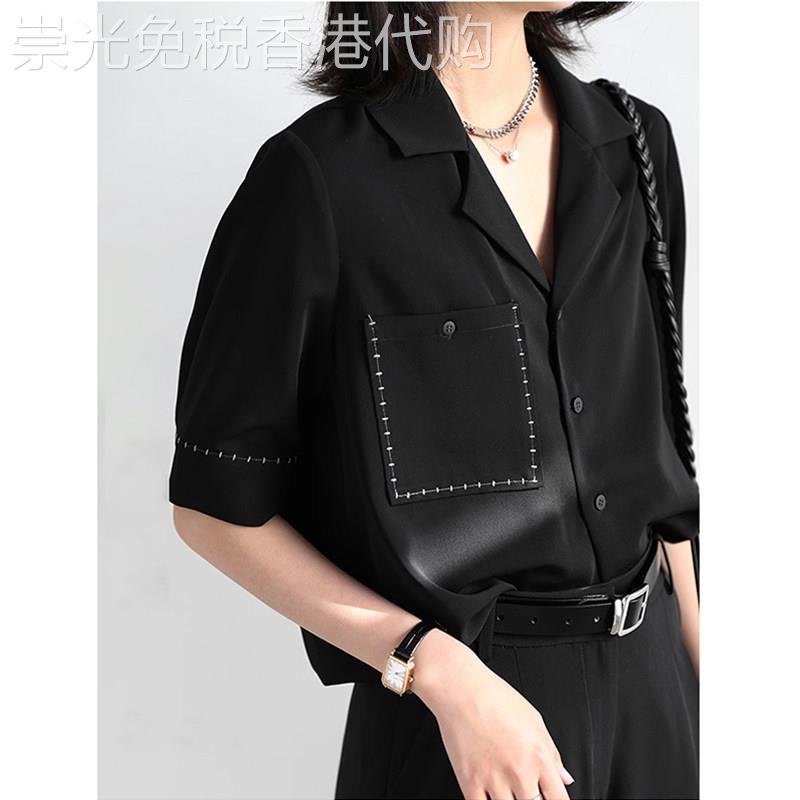 法式宽松撞色短袖衬衫女夏季2026新款垂感西装领雪纺衬衣女小众感