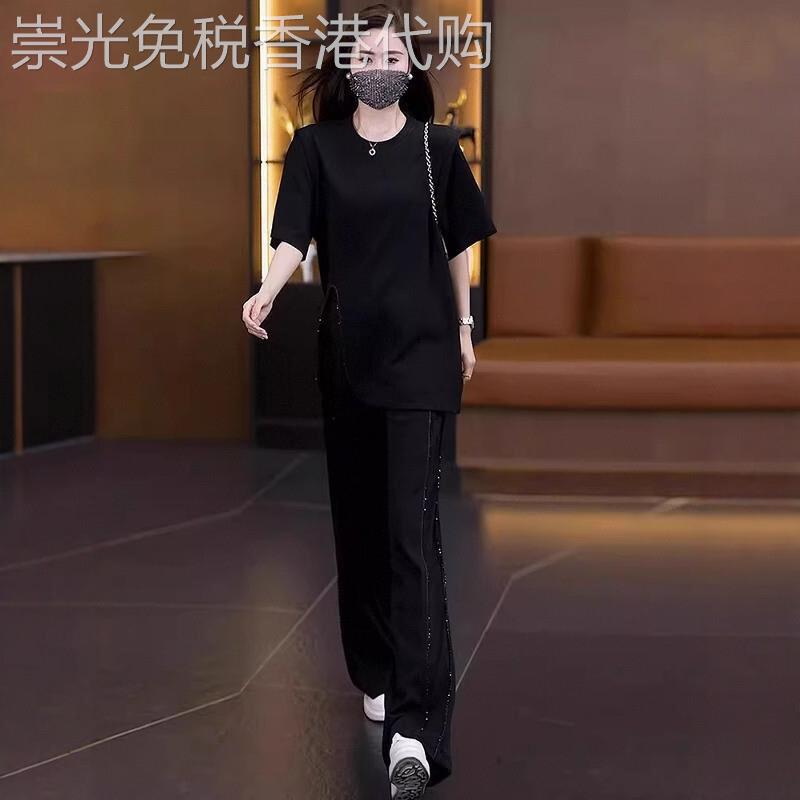 大尺码女装2026夏季新款时尚套装镶嵌钻百搭黑色短袖上衣长裤两件