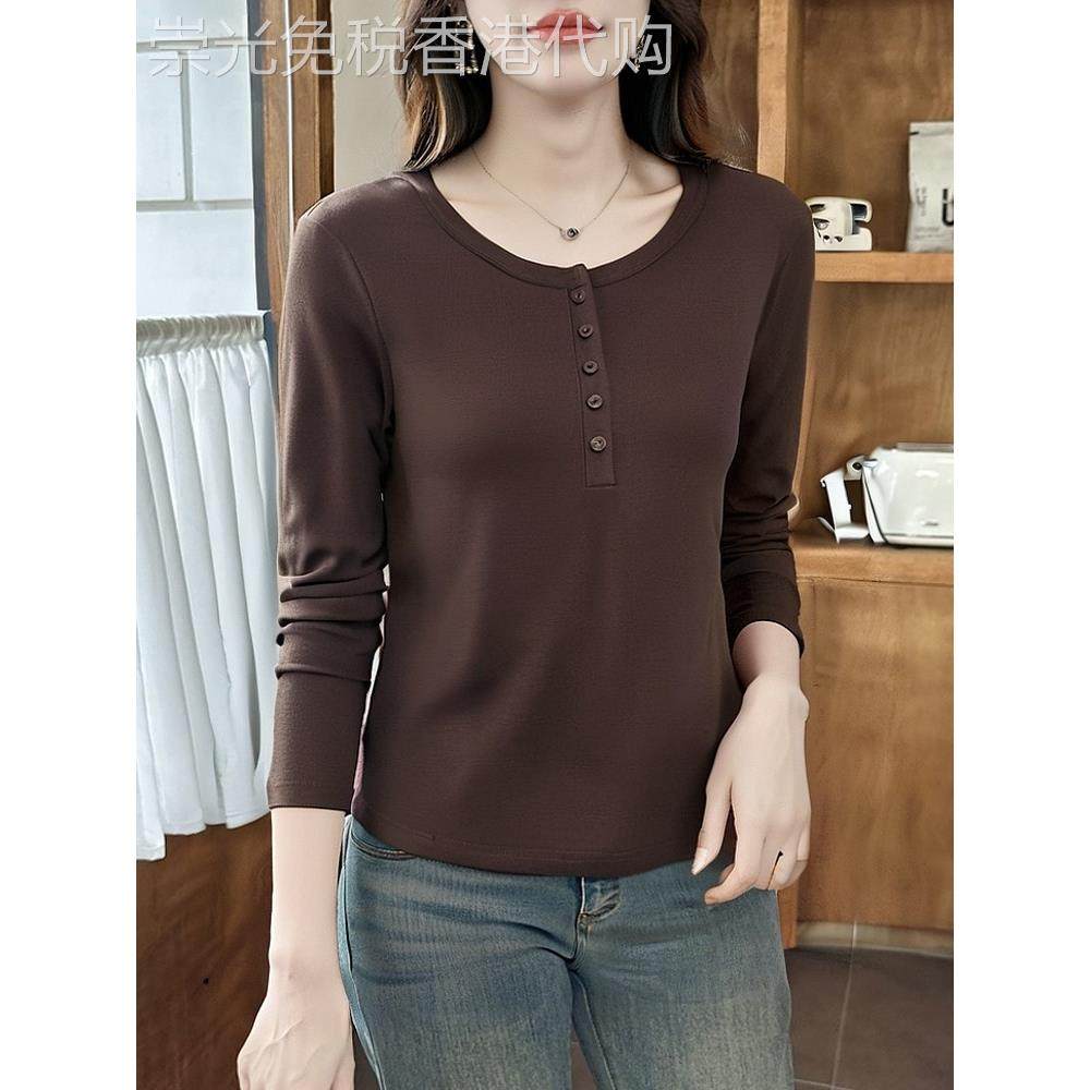 潮牌短款上衣纯棉长袖T恤女纽扣上衣韩版打底衫女秋冬内搭可外穿