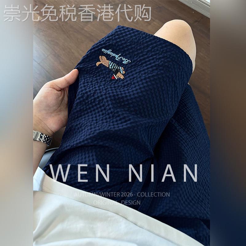 韩国WEN NIAN泡泡纱腊肠狗刺绣短裤男2026夏季沙滩裤子休闲五分裤