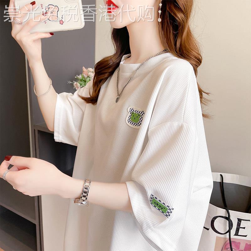 华夫格短袖t恤女2025秋季新款韩版宽松大尺码胖mm中长版半袖上衣