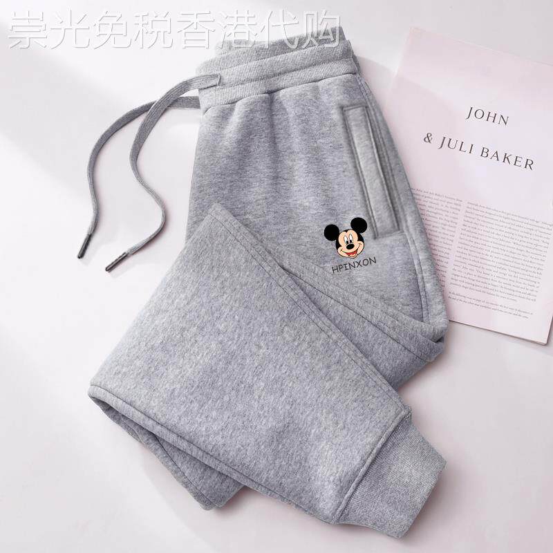 香港纯棉运动裤女秋冬宽松休闲裤女加绒加厚米奇束脚运动哈伦卫裤