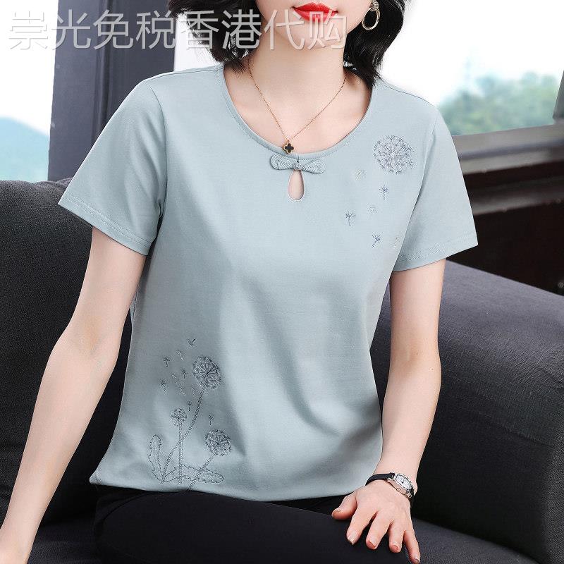 中老年妈妈纯棉刺绣短袖t恤女夏季薄款宽松大码洋气百搭小衫上衣