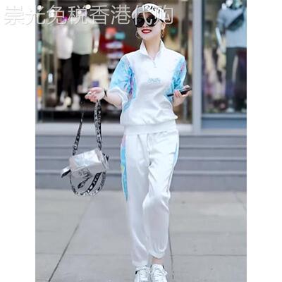 欧洲站休闲运动套装女2026年夏季新款时尚洋派冰丝短袖长裤两件套