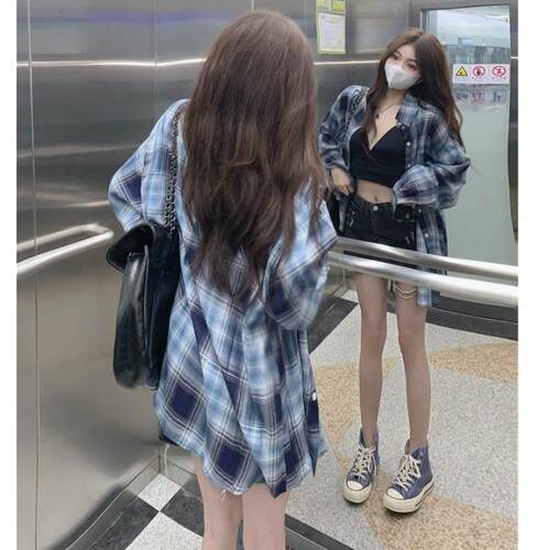 格子衬衫女装夏季复古设计感小众宽松慵懒风长袖防晒上衣薄款外套