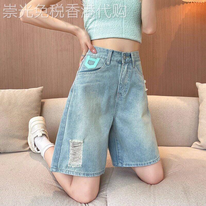 破洞牛仔短裤女夏2026新款外穿薄款a字高腰宽松阔腿五分五分裤子