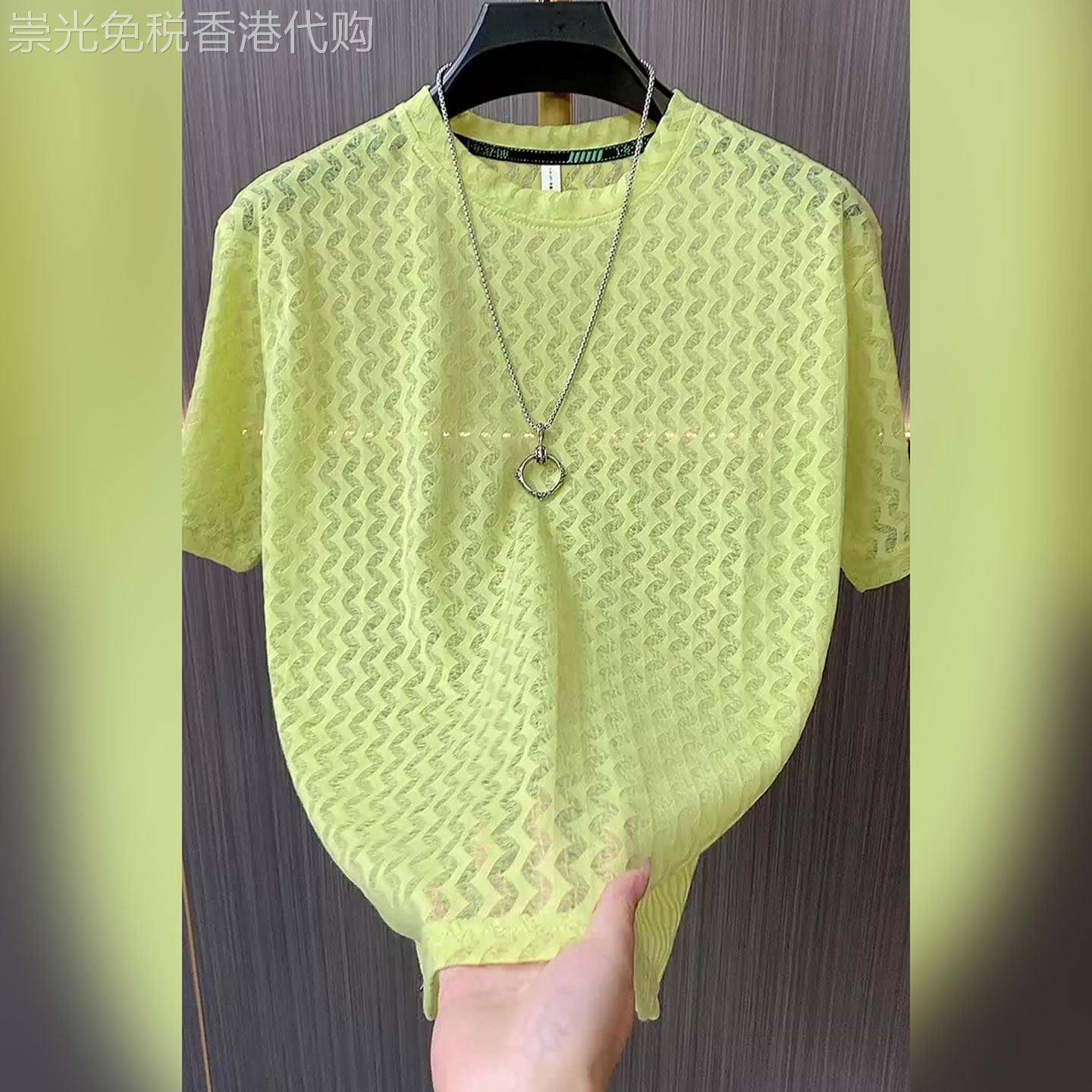 潮牌新款时尚休闲风半袖短袖上衣男士夏季高档绿色镂空圆领T恤衫
