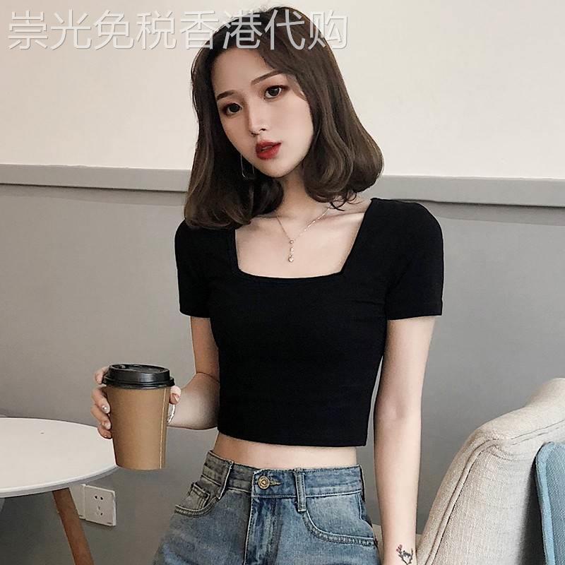 黑色方领短袖t恤女夏季2026新款设计感小众修身显瘦露脐短款上衣