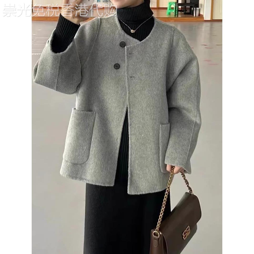 香港大码胖mm赫本风短款毛呢外套女秋冬季宽松显瘦高级感西装大衣