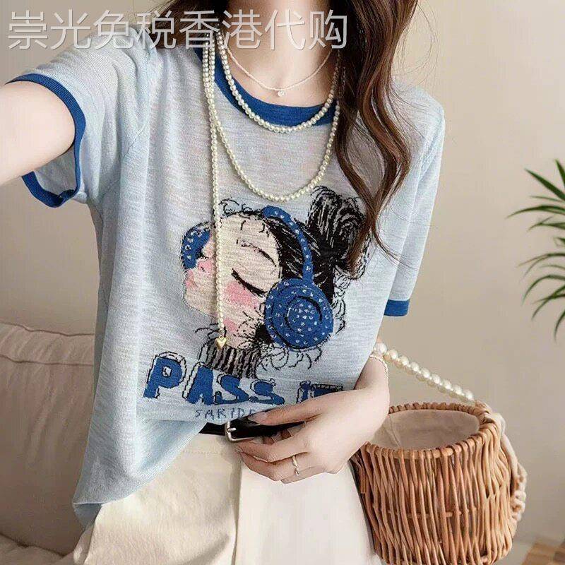 竹节麻圆领短袖T恤女夏季薄款2025新款宽松显瘦针织减龄洋派上衣