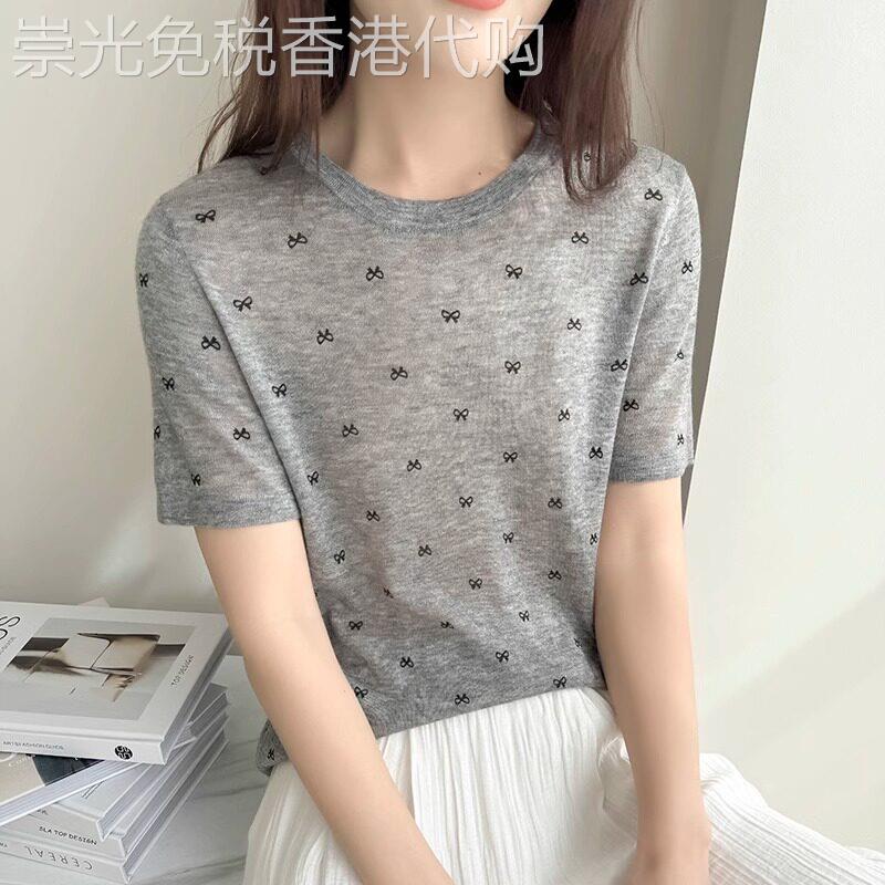 冰丝针织短袖t恤女夏季薄款2026新款蝴蝶结印花宽松显瘦圆领上衣