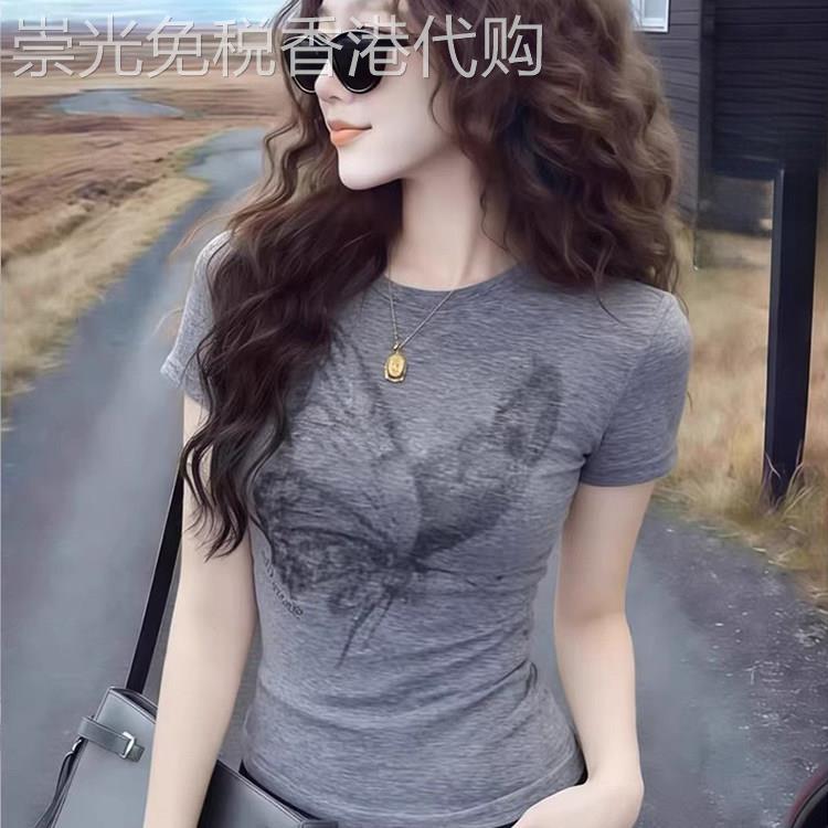 蝴蝶时尚小众圆领正肩短袖T恤女夏季薄款新款修身显瘦百搭上衣潮