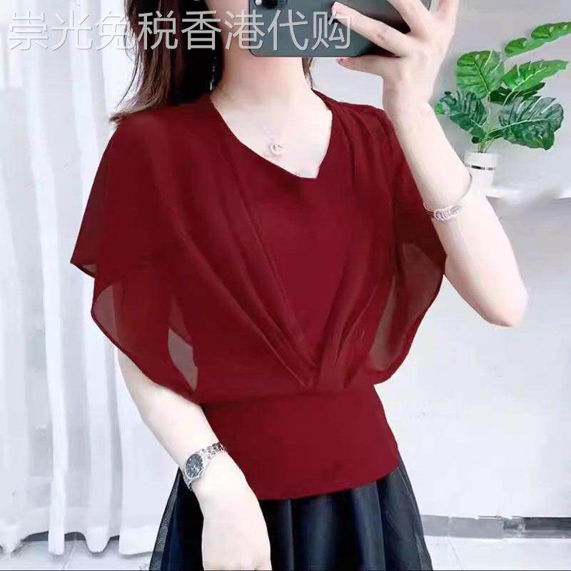 酒红色V领雪纺衫女夏季2026新款欧货设计感小众收腰显瘦短款上衣