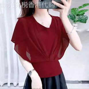 酒红色V领雪纺衫女夏季2026新款欧货设计感小众收腰显瘦短款上衣