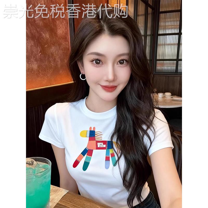白色卡通印花短袖T恤女春夏欧货时尚百搭款修身显瘦正肩减龄上衣