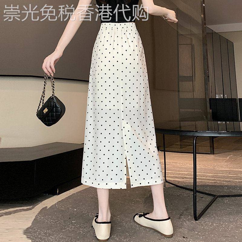 白色波点半身裙女夏季薄款包臀a字裙小个子高腰显瘦开叉中长裙子