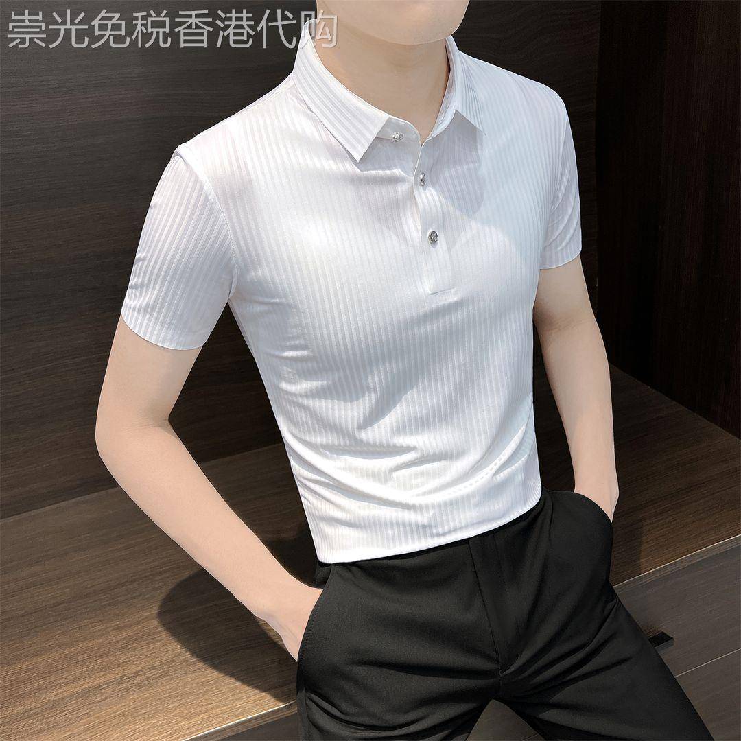 欧洲站条纹修身男士短袖polo衫夏季新款翻领冰丝凉感商务透气T恤