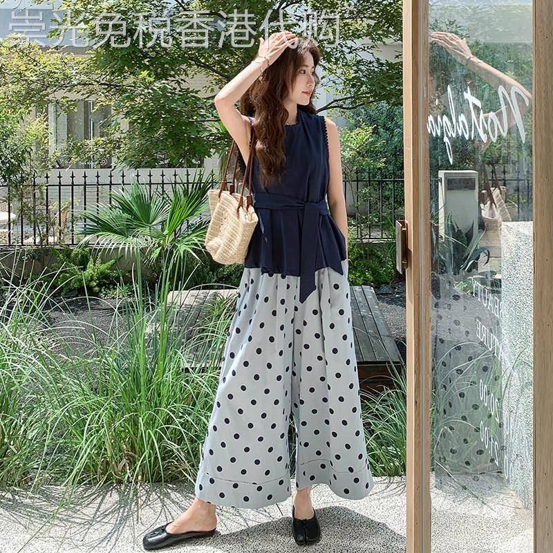 韩系慵懒chic套装女夏2026新款休闲收腰系带背心波点阔腿裤两件套