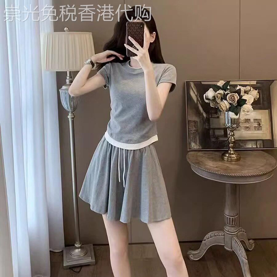 夏季高端时尚休闲套装裤裙小个子2026新款简约百搭假两件短袖运动