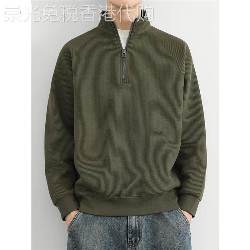 半拉链立领卫衣男款春秋冬季美式复古加绒加厚男士纯色休闲外套男