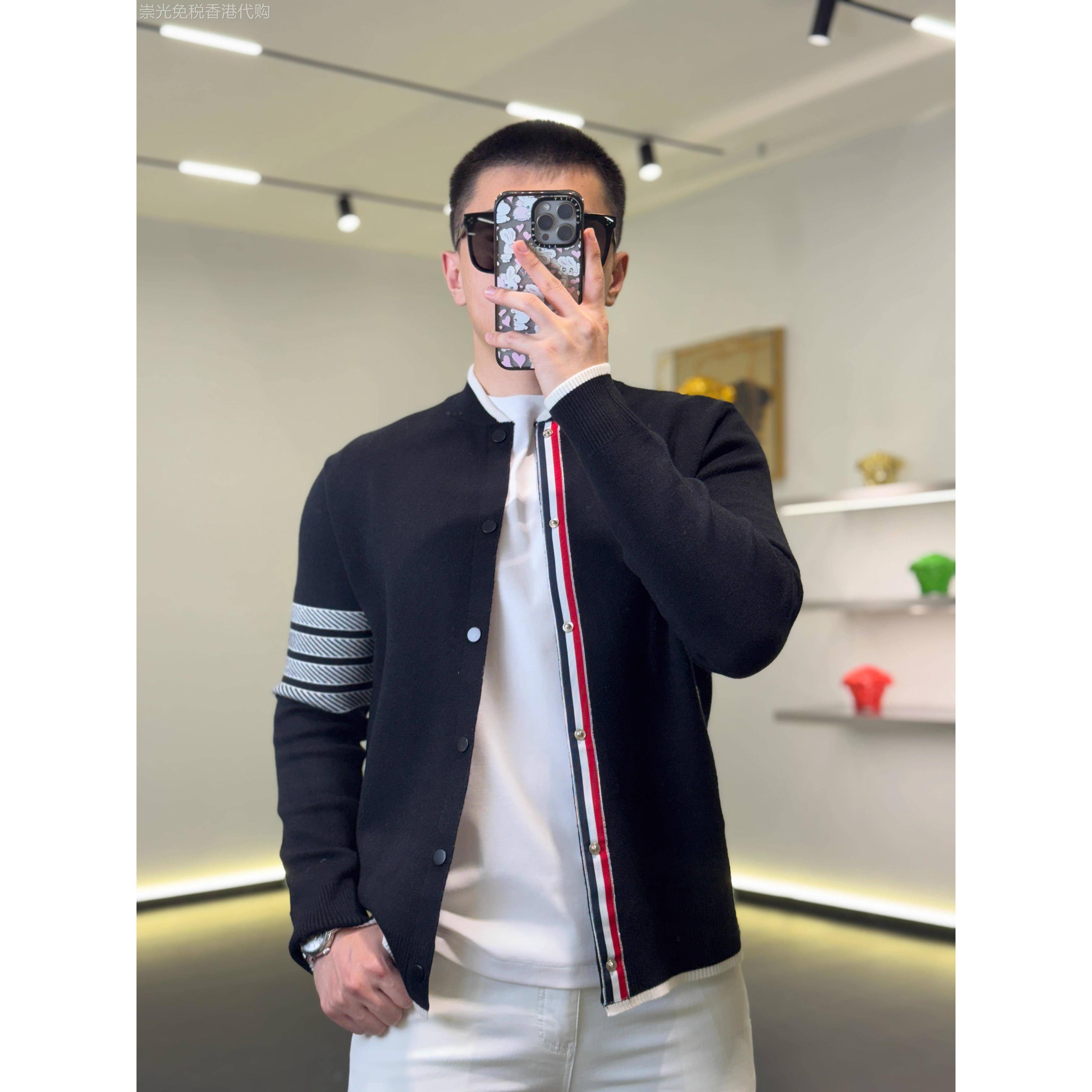 2025新款欧洲站针织开衫男条纹修身短款时尚立领休闲老钱风外套