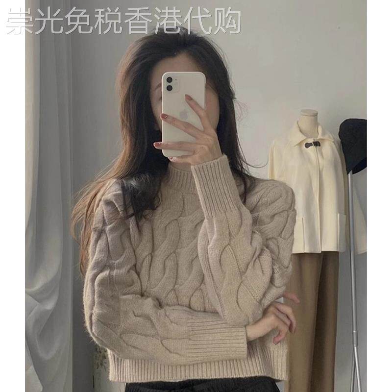 日系早春秋复古半高领麻花毛衣女设计感小众短款内搭打底针织上衣